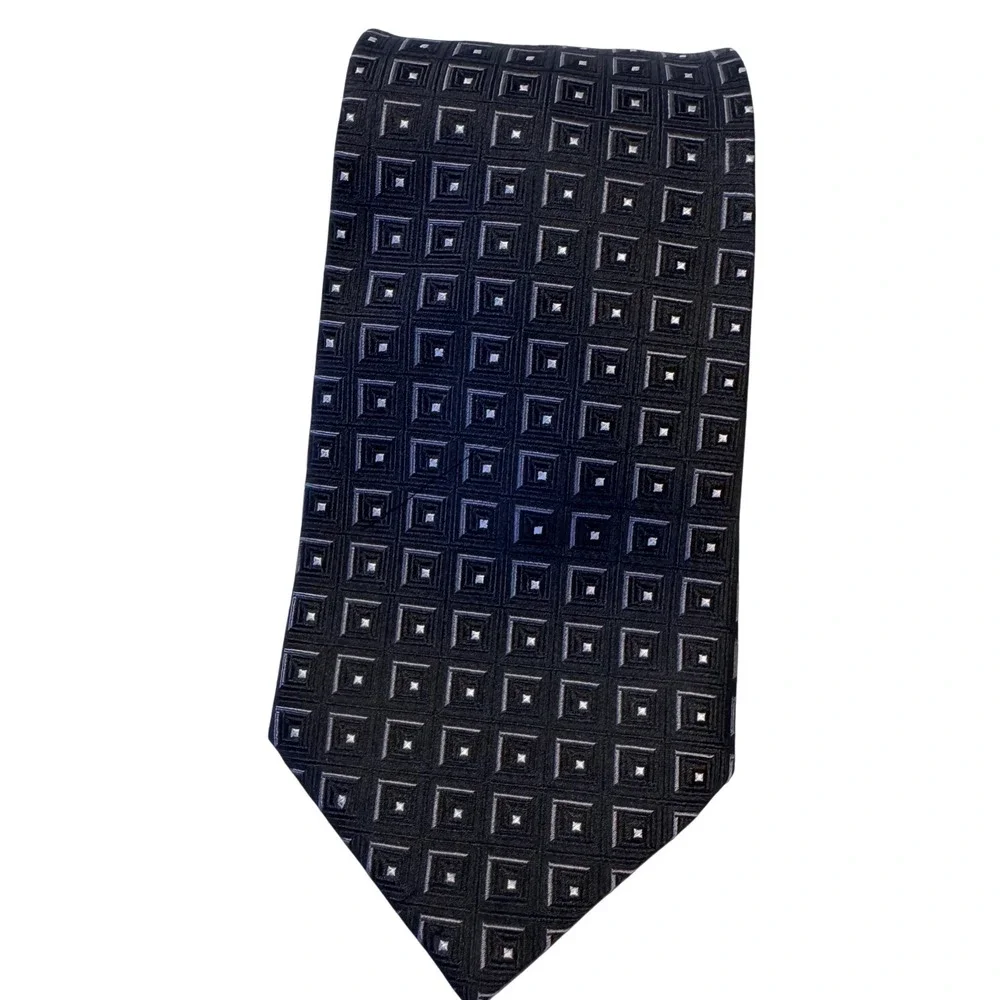 Croft & Barrow Black 100% Silk Tie Geometric Square Pattern‎ Formal Career
